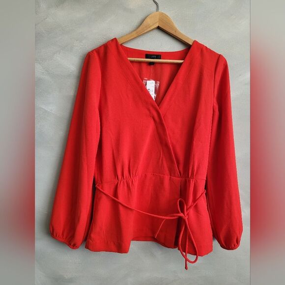 J.Crew Drapey Faux Wrap Top Red NWT Sz 10 Tall Tie Waist - Picture 1 of 14